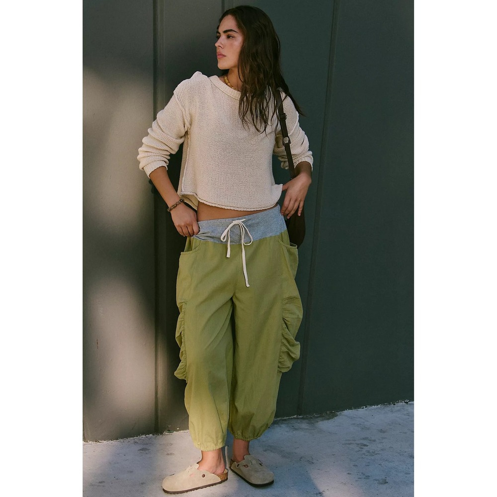 Free People Green Harem Jogger Pants Ruched Baggy Boho Olive Gray Waistband